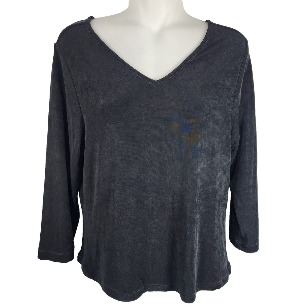 Chico's Travelers Top M Double V Neck Slinky Black Casual Minimalist Capsule 3/4